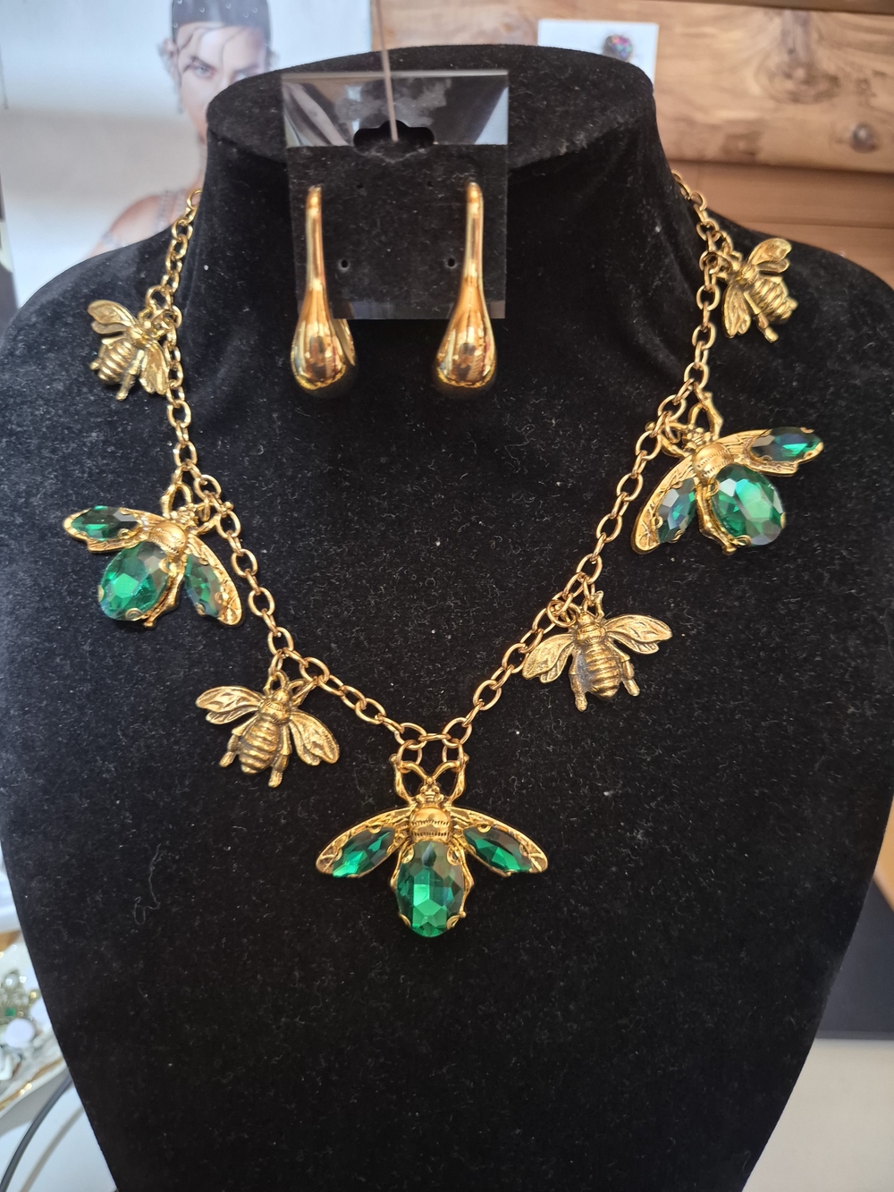 Gold Brass Bee Pendant Necklace with Emerald Green Crystals